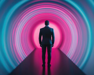 Futuristic business leader standing inside a holographic strategy room, symbolizing techdriven leadership