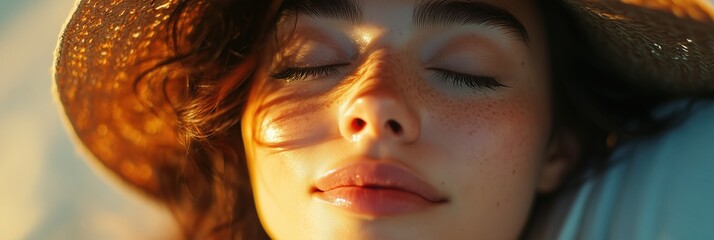 A serene summer moment capturing a young woman relaxing under the sun, her eyes closed and a straw hat shielding her from the bright rays, embodying the essence of carefree vacation bliss.