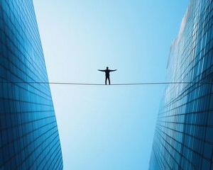 Fototapeta premium Entrepreneur balancing on a tightrope between two buildings, symbolizing leadership under pressure