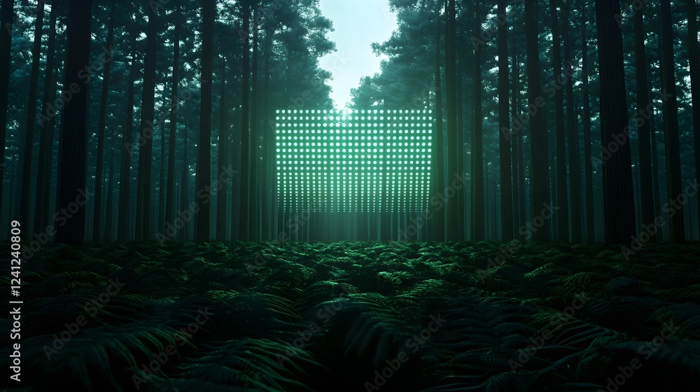 Poster holographic solar array appearing in forest clearing blending futuristic tech and natural