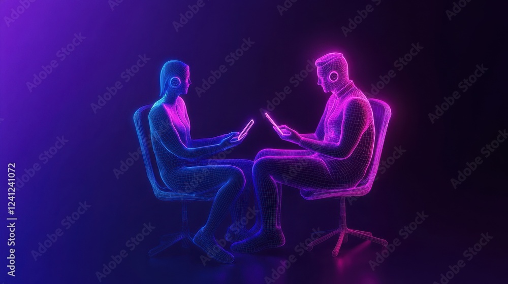 Poster users with digital gadgets sitting on smartphone screen and chatting with chatbot. social media bots