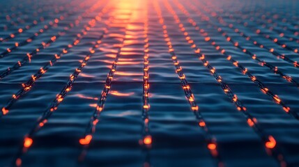 Fototapeta premium Glowing Holographic Solar Panel Farm Reflecting on Ocean Surface