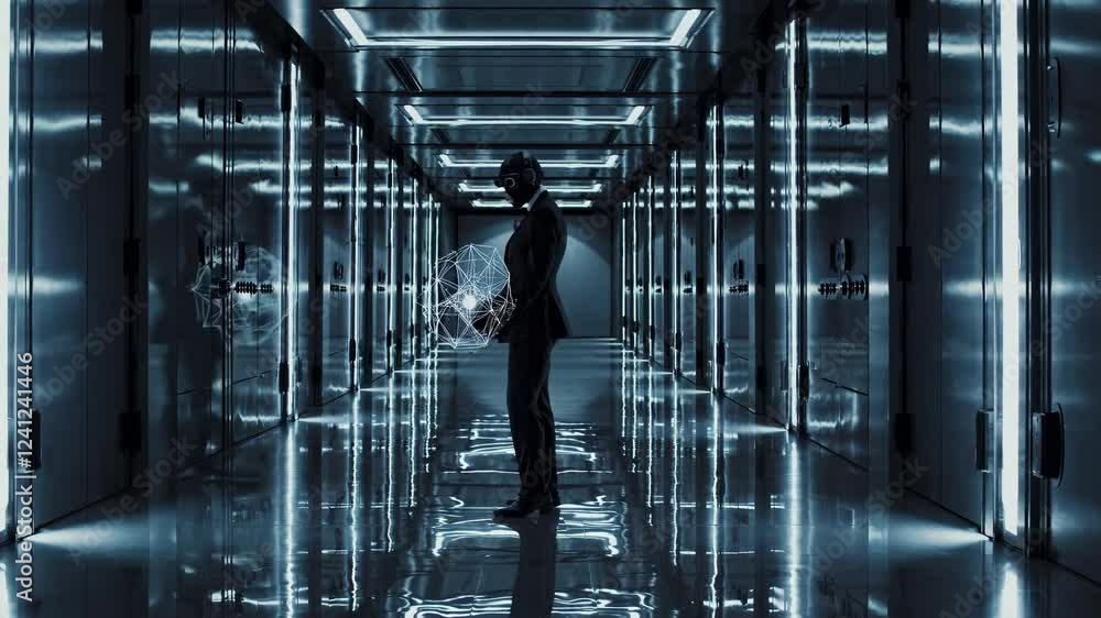 Poster exploring a futuristic corridor with a mysterious figure in a suit and virtual elements