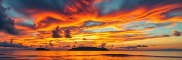 Obraz premium A vibrant sunset paints the sky with fiery hues above a tranquil ocean and small islands
