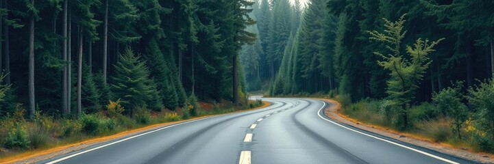 Fototapeta premium Long stretch of dark asphalt road winding through towering coniferous trees and dense foliage, wilderness, road, landscape