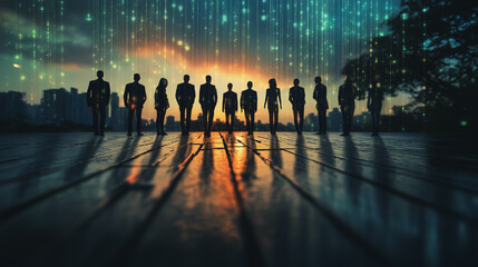 Group of business people silhouettes in modern office building and business network concept. Human resources with pastel innovation charts and graphs with statistics to analyze business