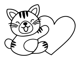 Valentine Day Tiger Holding Heart Line Art