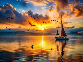 Surreal Sunrise: Silhouetted Sailboat and Gulls on Lake Champlain