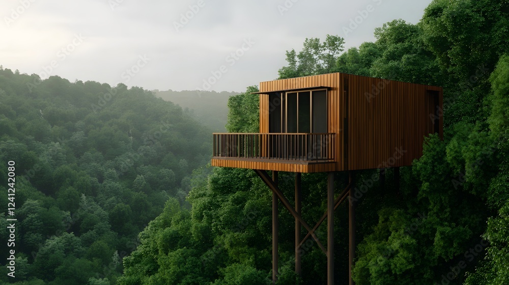 Poster eco-friendly treehouse suspended in forest canopy blending architecture with nature
