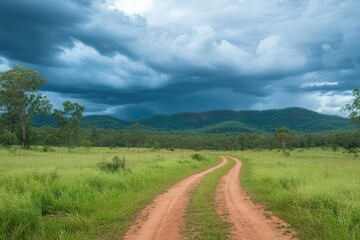 scenic dirt road weaving through a lush rural field, under dramatic, swirling cloudy skies that hint at an impending storm, evoking a sense of adventure and tranquility