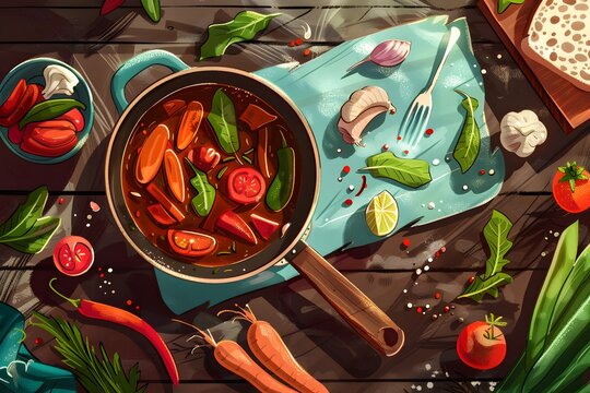 Illustration of Illustrated cookbook cover featuring trendy vegan dishes, freehand revival illustrations, vibrant ingredients Ai Generate. - Powered by Adobe