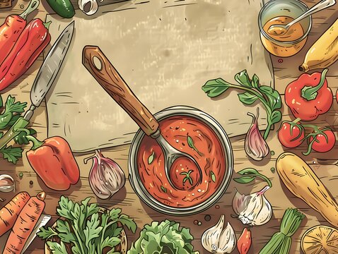 Illustration of Illustrated cookbook cover featuring trendy vegan dishes, freehand revival illustrations, vibrant ingredients Ai Generate.