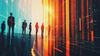 Obraz premium Group of business people silhouettes in modern office building and business network concept. Human resources with pastel innovation charts and graphs with statistics to analyze business
