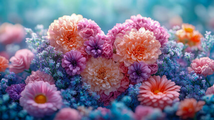 A beautifully arranged heart-shaped bouquet of colorful flowers in a vibrant and artistic display