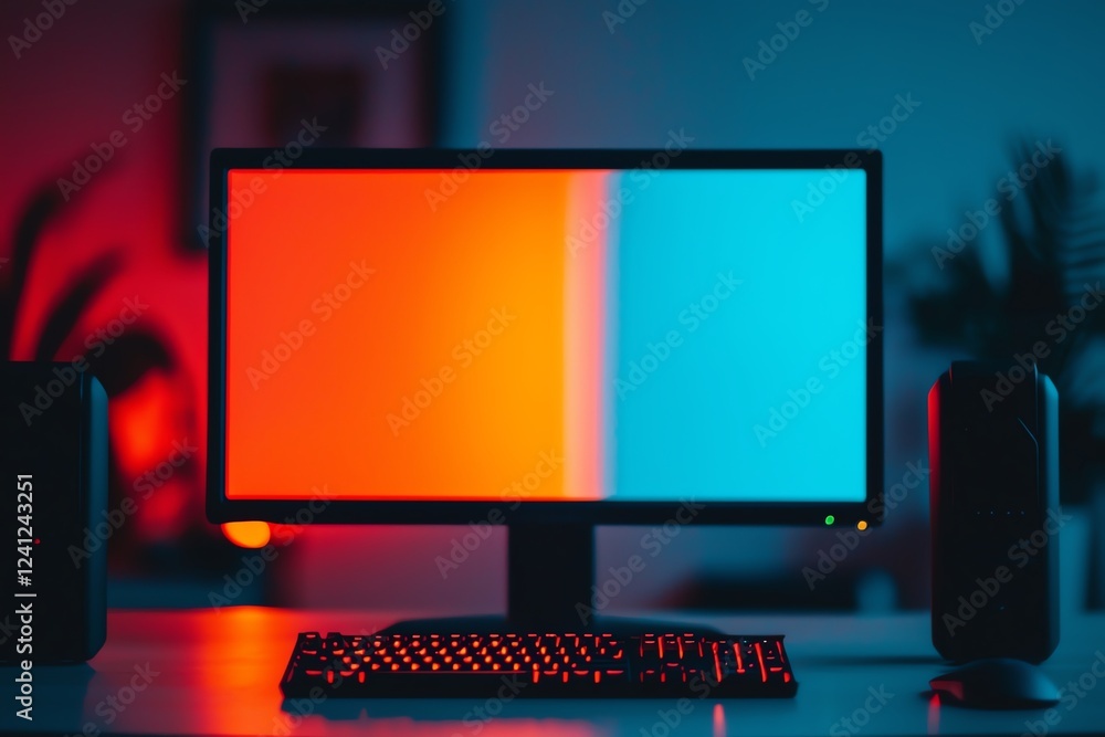 Poster modern computer setup with vibrant lighting.
