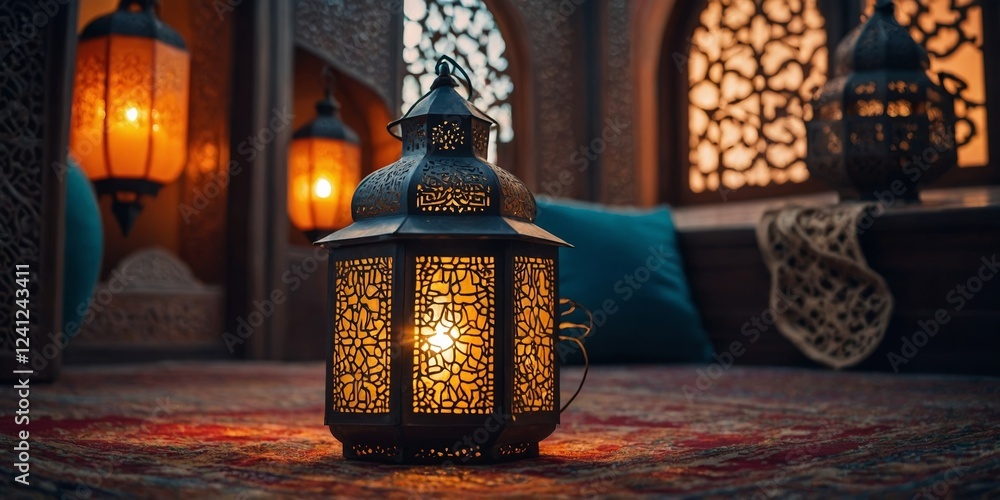 Poster decorative lanterns illuminate a cozy indoor space with intricate patterns and warm colors in a tran