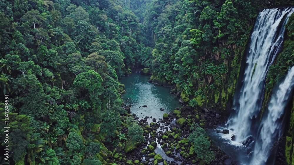 Poster stunning waterfall cascading into a tranquil pool surrounded by lush rainforest greenery
