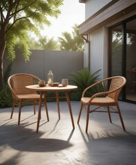 Fototapeta premium Minimalist backyard decor with simple wicker chairs and wooden table, Scandinavian design, outdoor living, patio, clean lines, tranquility