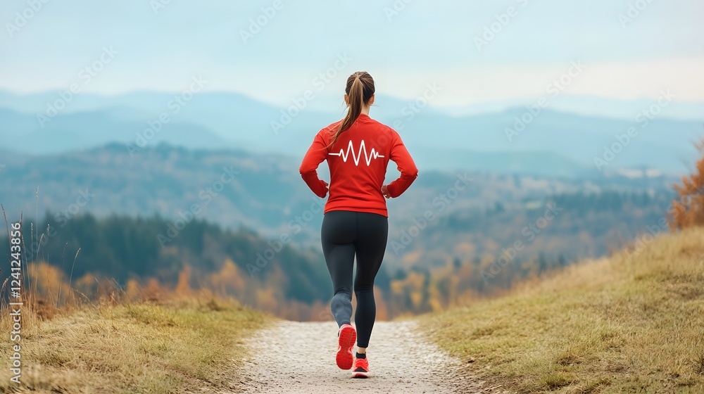 Poster fit runner traversing scenic trail with heart rate monitoring data overlay