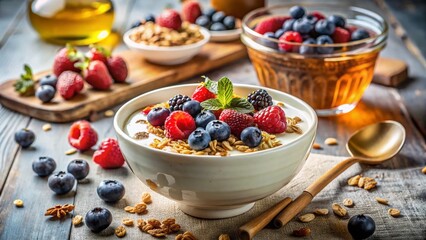 Vintage Style Photo: Healthy Granola Yogurt Parfait with Berries on Marble