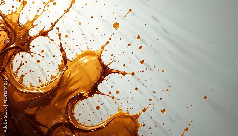 Poster amber liquid splashing dynamically against white background
