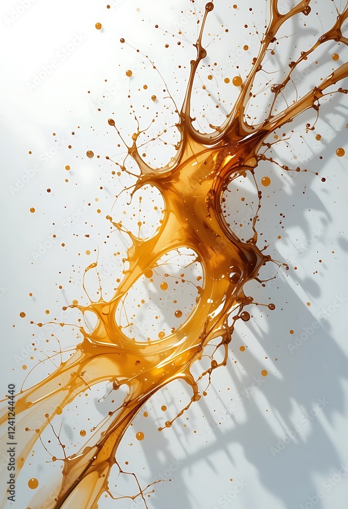 Poster amber liquid splashing dynamically across white background