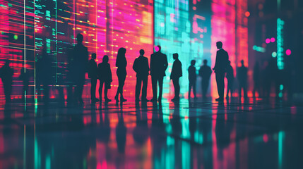 Group of business people silhouettes in modern office building and business network concept. Human resources with pastel innovation charts and graphs with statistics to analyze business