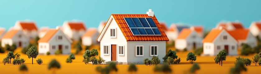 Modern house with solar panels in a vibrant landscape.