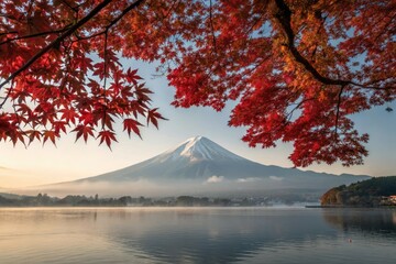 Mountain Fuji with morning fog, surrounded by vibrant red maple leaves, against a serene lake Kawaguchiko backdrop, Japanese countryside, nature photography