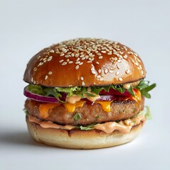 Professional close-up photography of premium hamburger showcasing goldenbrown sesame seed bun and vibrant ingredients captured in sharp detail against white background for upscale restaurant marketing