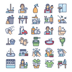 Housekeeping line icons. Laundry, Window sponge and Vacuum cleaner icons. Washing machine, Housekeeping service and Maid cleaner equipment. Window cleaning, Wipe off, laundry vector icons 