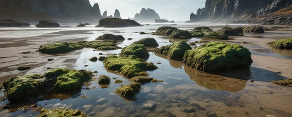 Mud covered rocks at low tide with algae growth, tidal area, low tide, natural scenery