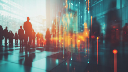 Group of business people silhouettes in modern office building and business network concept. Human resources with pastel innovation charts and graphs with statistics to analyze business