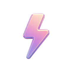 Holographic lightning bolt icon. Pink, purple, iridescent, 3D graphic.