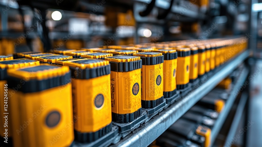 Aufkleber close-up view of neatly arranged industrial batteries on a production line in a factory setting