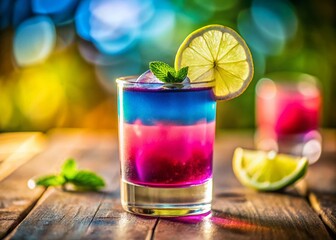 Fototapeta premium Tilt-Shift Photo: Refreshing Pink & Blue Layered Drink with Lime