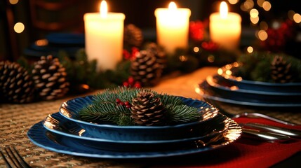 Elegant holiday dining table setting with candles, pinecones, and festive decorations