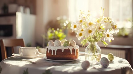 Warm and modern dining room with Easter table decorations, a rustic cake, painted eggs, and fresh flowers in a glass vase. Sunlight streaming in.