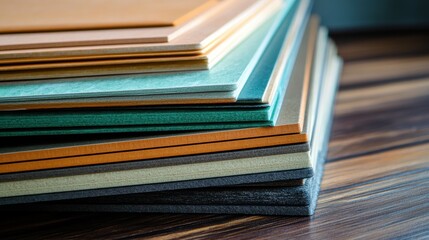 Naklejka premium Colorful Stack of Paper Sheets on a Wooden Surface for Crafting