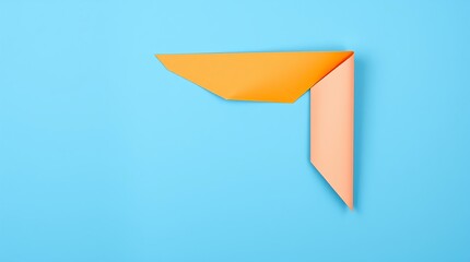 Minimalist abstract artwork with vibrant color contrast: smooth blue background, curled dual-tone paper (peach and orange), creating depth and dynamic movement.