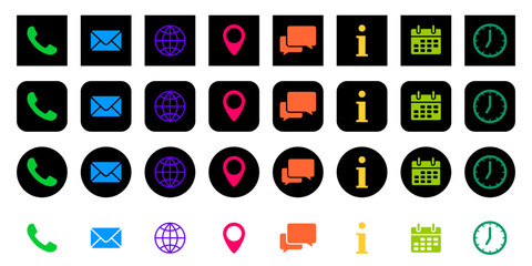 Set of contact icons. Phone, mail, location pin and website. Live chat or support, info, calendar and clock. Schedule and working hours. Set of black round and square icons with multicolored pictures