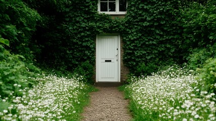 Magical Pathway Leading to a Secluded Forest Cottage with Wildflowers and Overgrown Ivy