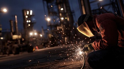 Worker welding in industrial setting at night, sparks flying amidst machinery and lights