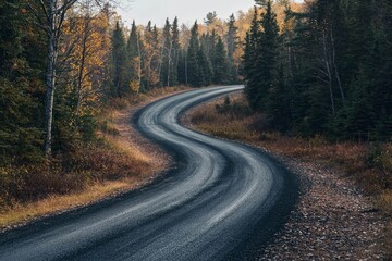 Fototapeta premium Empty winding road through autumnal forest landscape.