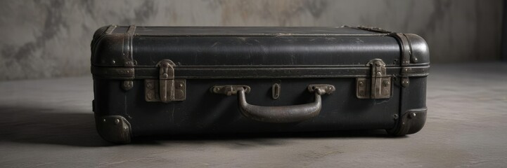 Old black suitcase with wheels and broken handle, old leather, broken handle
