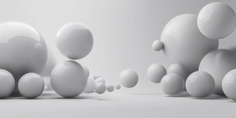 White spheres balancing and floating in a minimalist space