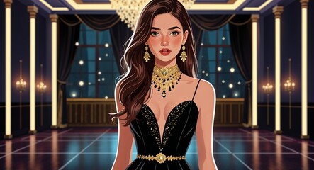 Fototapeta premium Sleek black cocktail dress with golden accessories in dim lit ballroom teen Hispanic girl long brunette hair background illustration portrait