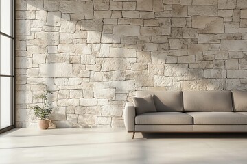 Modern living room with stone wall design.