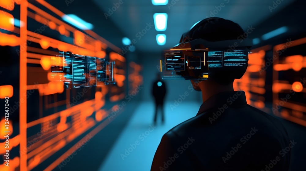 Poster futuristic augmented reality interface overlaying real-world interactions