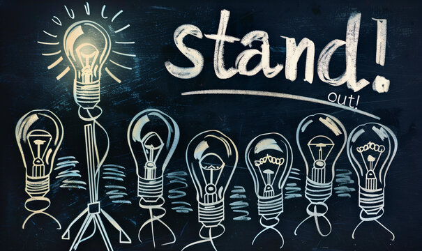 "Stand out," written next to a brightly glowing light bulb, symbolizes uniqueness, creativity, and the freedom, strength, and vitality of embracing individuality in a group setting.